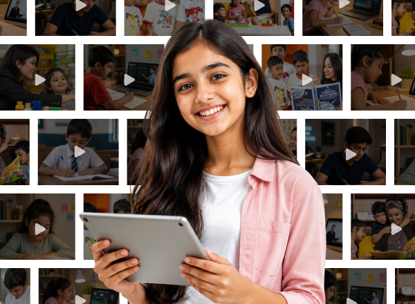 Student holding tablet in front of video thumbnails