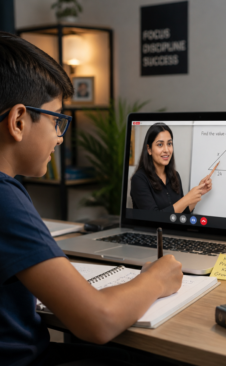 Student watching live video class on laptop